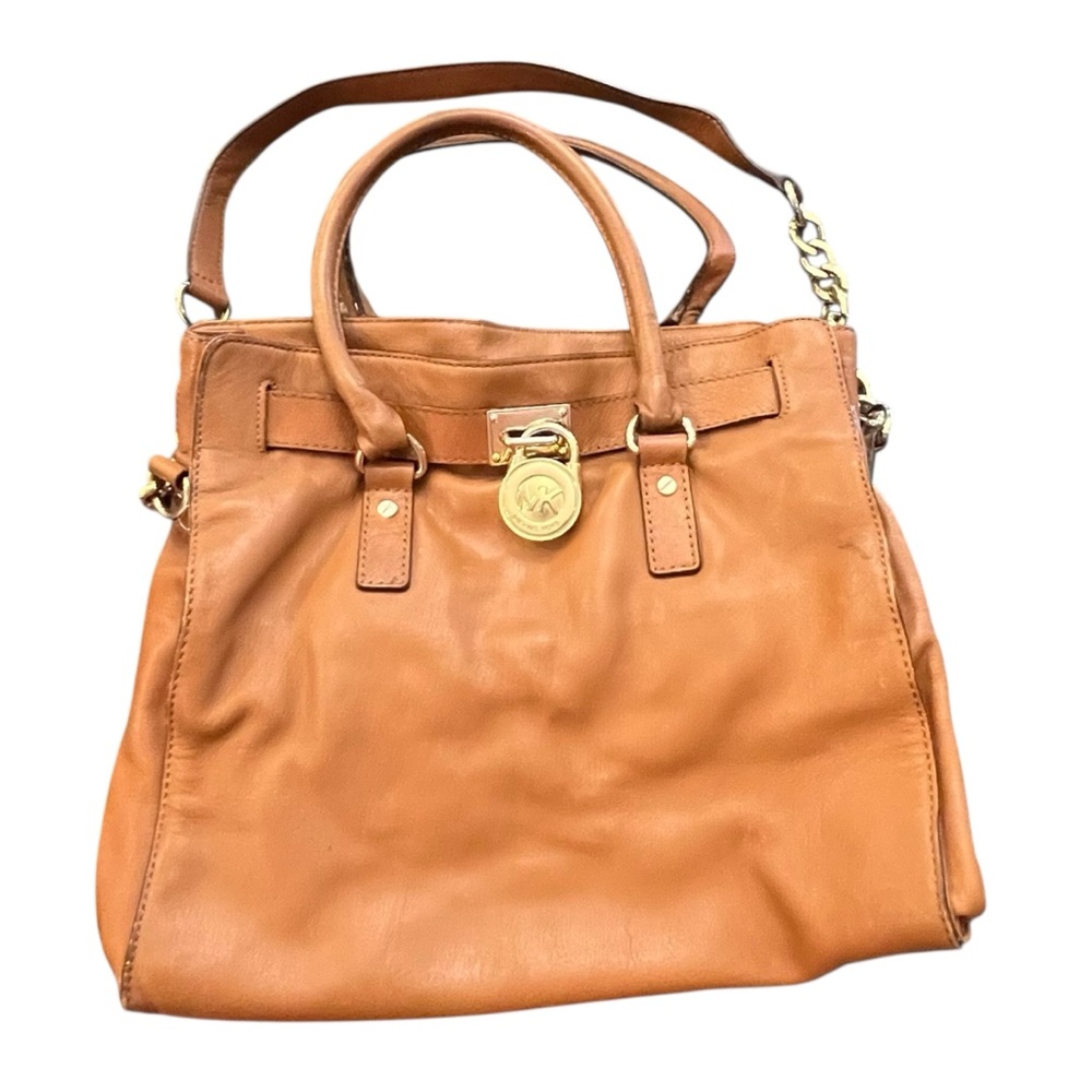 Michael Kors Hamilton Large Brown Leather Handbag Gold Logo Lock Chains Classic